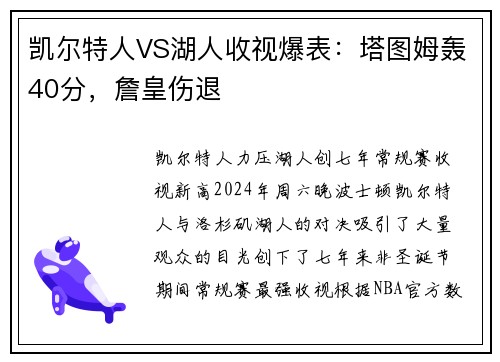 凯尔特人VS湖人收视爆表:塔图姆轰40分,詹皇伤退
